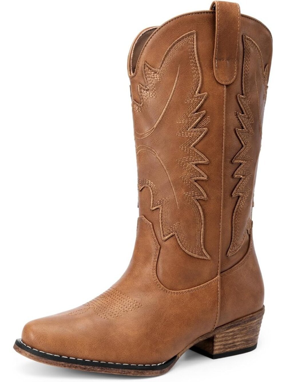 Women's Tan Cowgirl Western Mid Calf Boots Snip Toe Embroidered Stitched